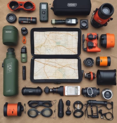 A collection of camping gear is loaded onto the back of a blue pickup truck. Among the items visible are backpacks, a pair of hiking boots, a water bottle, a cardboard box, and several sleeping bags. The gear is assorted in an organized manner, hinting at preparation for a camping trip.