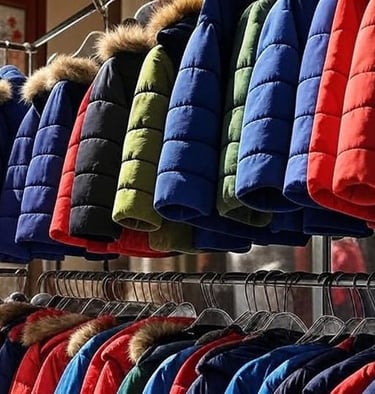a bunch of winter clothes hanging on a rack of the  ZERO DC Store 
