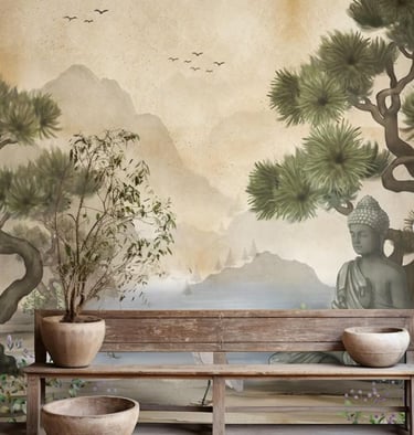 a bench with a wooden bench and a potted plant