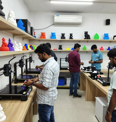 A vibrant workspace filled with printing equipment.