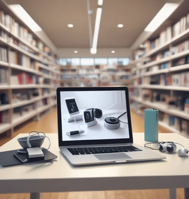The image features a modern electronics store interior with wooden tables displaying various laptop models. Several people are present, some trying out devices while others converse. Large promotional images of smartwatches and smartphones are visible on the walls, adding to the store's sleek and innovative atmosphere.