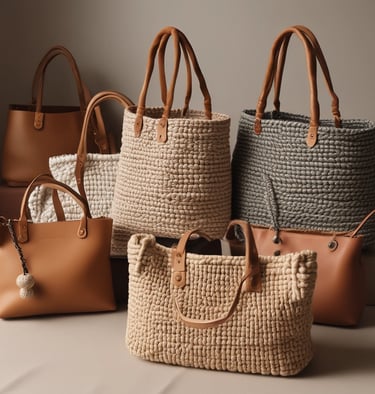 Several handcrafted leather bags and backpacks in various shades of brown and black are hanging on a wooden door. The bags feature intricate patterns and designs. Surrounding the bags are large decorative plates with carved geometric designs.