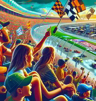 Family cheers at a NASCAR race, surrounded by fans and racing flags.