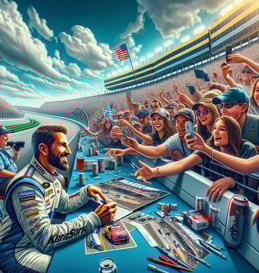 Celebrity engaging with fans at a NASCAR event, signing autographs and taking selfies.