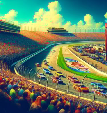 NASCAR race in action at Kansas Speedway, with cars speeding and crowds cheering.