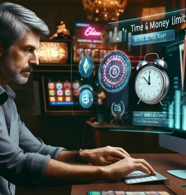 Middle-aged man setting time and money limits for responsible gambling on a computer.