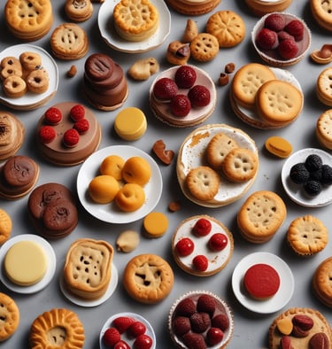A variety of baked goods are displayed in a glass case. There are round cakes topped with cocoa powder, crescent-shaped pastries with a glazed finish, and other assorted baked treats. Small black signs with white text indicate the names and prices of the items, written in a foreign language.