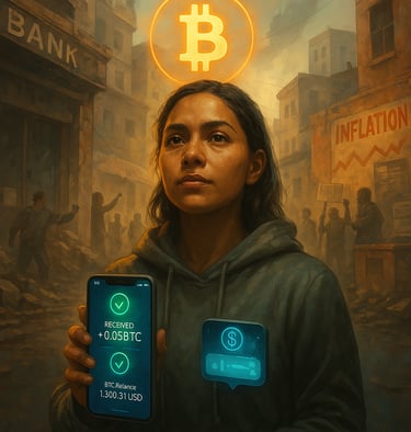 A woman in a crisis-hit country uses Bitcoin to survive, symbolizing financial freedom through crypt