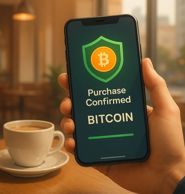 coffee, phone, purchase confirmation, bitcoin