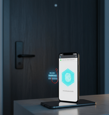 A red phishing hook hovers by a phone showing a fake login, while a glowing biometric shield blocks