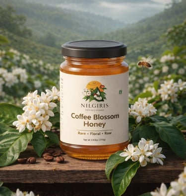 A glass jar of Nilgiris raw Coffee Blossom Honey surrounded by white flowers and coffee beans in a mountain landscape.