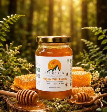 Jar of pure Nilgiris mountain honey with honeycombs and wooden dippers in a sunlit forest.