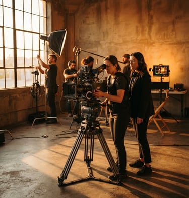 Cinematic wide shot of an editorial production set, warm golden-hour window light casting dramatic shadows across concrete floors, high-end camera gear on a tripod, rich amber undertones.