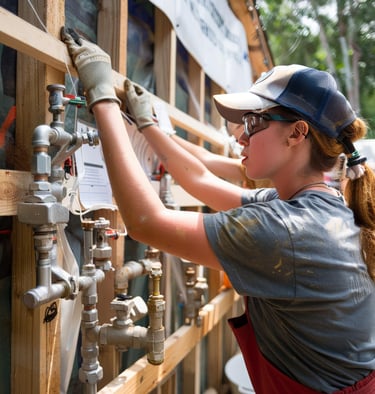 femme plombier travaillant sur la création d'un réseau gaz