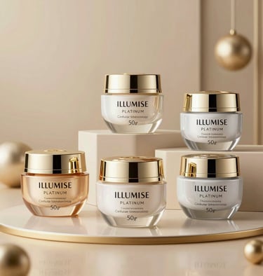 Illomise Platinum luxury anti-aging face cream jars in gold, blue, silver, and white packaging.