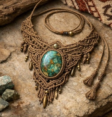 Collar de macrame, con pieda color verde sobre una base cafe