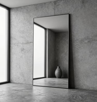 Miroir grande dimension sur mur en béton reflétant une fenêtre pour optimiser la luminosité.
