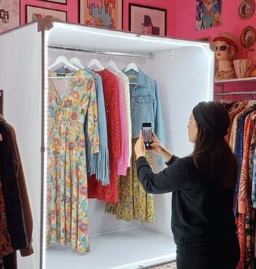  Una mujer usa teléfono inteligente para fotografiar ropa vintage dentro de un estudio profesional