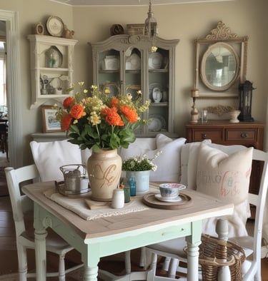 A cozy vintage armchair painted in soft pastel hues, nestled beside a rustic wooden side table.