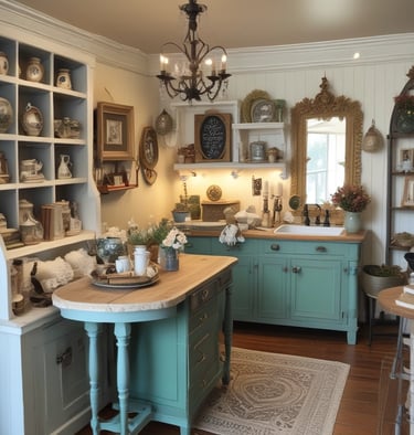 A warm, inviting living room corner featuring restored vintage furniture and soft textiles.