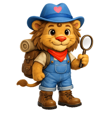 Timbiu traveller wearing a hat, carrying a rucksack and a magnifying glass
