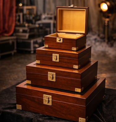 Stack of four handcrafted wooden storage boxes with brass latches on a velvet stage.