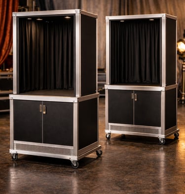 Two portable luxury photo booths with black curtains and aluminum frames on wheels for event entertainment.
