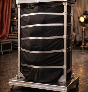 Professional aluminum flight case with black fabric lining on wheels for stage equipment storage.