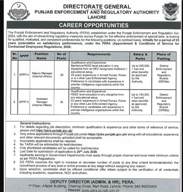 PERA Punjab jobs 2026 advertisement for Deputy Manager and Assistant Manager Internal Affairs posts