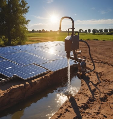 Close-up of a solar-powered krishi pump installed in a lush green field under a clear blue sky.