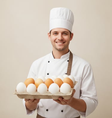 A smiling chef in a white uniform holding a carton of white eggs.