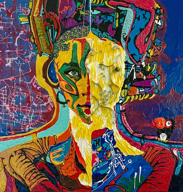 Abstract mixed media portrait featuring a vibrant face with heavy impasto texture and a small toucan.
