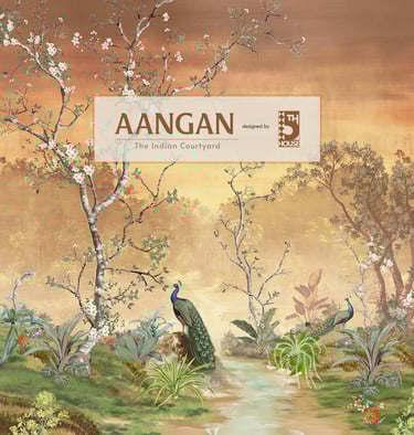 Mural wallpaper depicting an Indian courtyard with peacocks and blossoming trees.