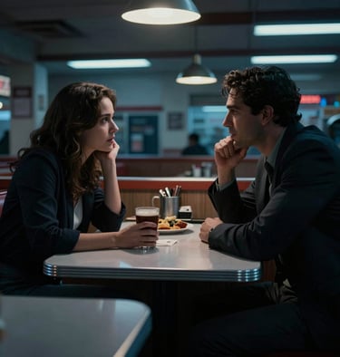 A high-tension film still of an intense conversation between two characters in a dimly lit North American diner. Cinematic lighting creates sharp silhouettes and deep blue shadows, reflecting a professional noir aesthetic.