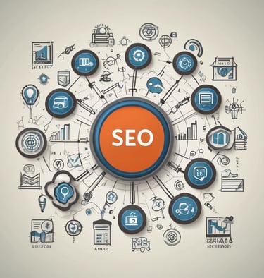 A sleek modern website displayed on a desktop screen with SEO analytics charts.