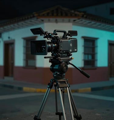 A professional cinema camera on a tripod, focused on a dimly lit street corner in a South American / Colombian city. Dark and moody tones with neon cyan highlights.