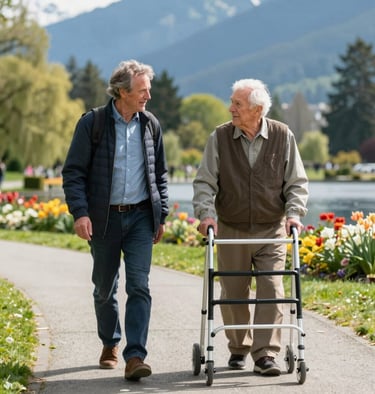 A registered social worker engaging in a friendly walk-and-talk session with a happy senior outdoors.