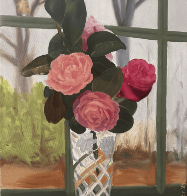 a painting of a vase with flowers in a vase