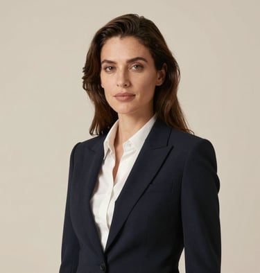 A sophisticated studio portrait of a woman in North American / European business attire, minimalist pale beige background, soft and flattering lighting, professional and luxurious mood.