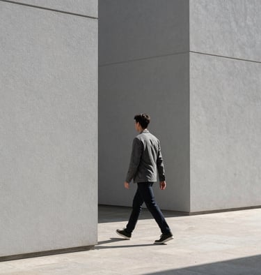Outdoor lifestyle shot of a person walking through modern architecture with sharp lines. Natural sunlight and neutral gray tones. International / Professional.