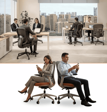 Oficina corporativa con sillería Performance y personas trabajando desde sillas operativas.