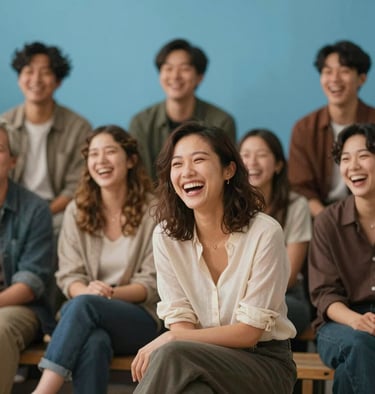 A diverse group of actors laughing during a break on set, authentic emotions, human touch, warm lighting, cozy Scandinavian studio setting, with #ECF3F4 background.