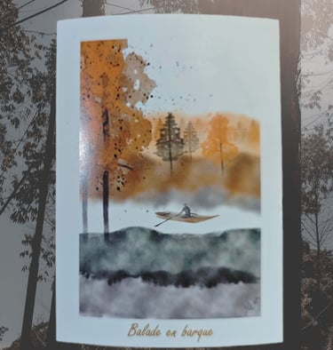 Carte postale effet aquarelle d'une balade en barque en forêt, couleur ocre