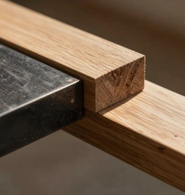 Close-up of high-quality architectural materials: charcoal steel beams meeting warm oak wood, beautifully lit by side sunlight.