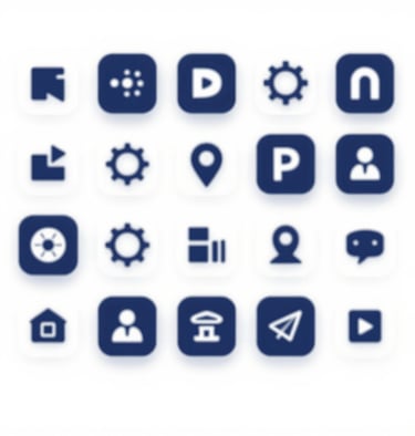 An array of brand icons and symbols designed for a tech interface. Professional, clean, and strategic. Colors: #F8F8F4 on #0F1E2E.