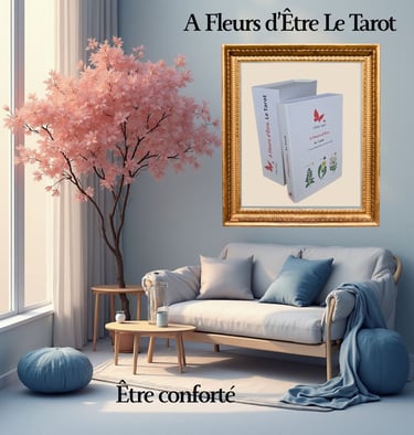 présentation de A Fleurs d'Être le Tarot dans un joli salon bleu être conforté en inscription