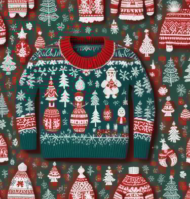 Festive Christmas sweaters displayed on mannequins with twinkling lights in the background