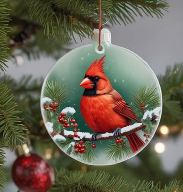 A delicate red cardinal ornament hanging on a Christmas tree with soft glowing lights.