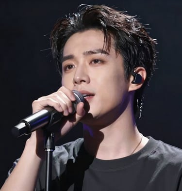 Theatrical lighting on a singer's face during a performance, dramatic and artistic, incorporating #0D0D0D and #F2F1ED.