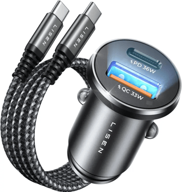 LISEN Cargador Coche Carga Rápida, 69W+60W Cable, Cargador Mechero 